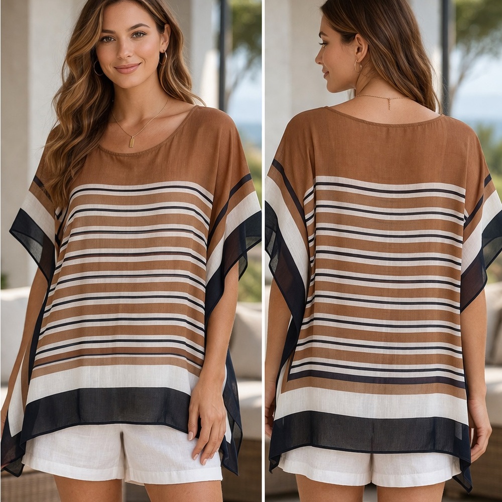$80 Talbots Women’s Hickory Stripe Almond Poncho Silk Blend L NWT